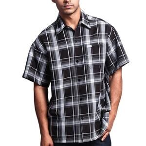 Caltop Western Plaid Short Sleeve Button Up Shirt Black Woven Shirt Men Sz XL